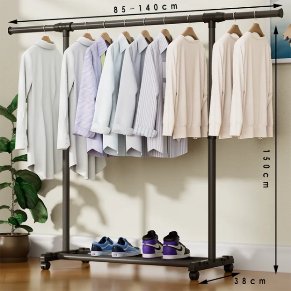 Penderie 1 Barre Extensible 80cm - 140 cm et porte-chaussures 2 en 1 en acier inoxydable - Image 2