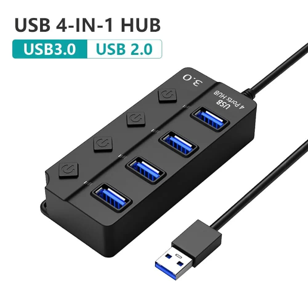 موزع USB 3.0 ذو 4 منافذ مع مفتاح تشغيل/إيقاف فردي - Image 1
