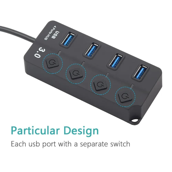 موزع USB 3.0 ذو 4 منافذ مع مفتاح تشغيل/إيقاف فردي - Image 3