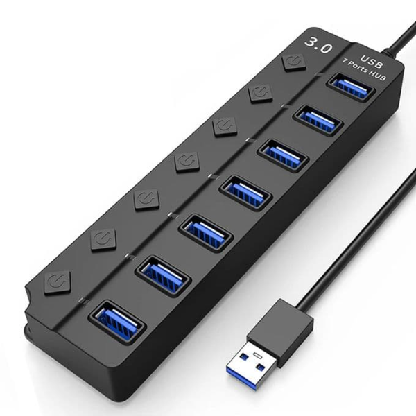 موزع USB 3.0 ذو 7 منافذ مع مفتاح تشغيل/إيقاف فردي، يعمل بنظام Windows ،Linux ،MacOS - Image 1