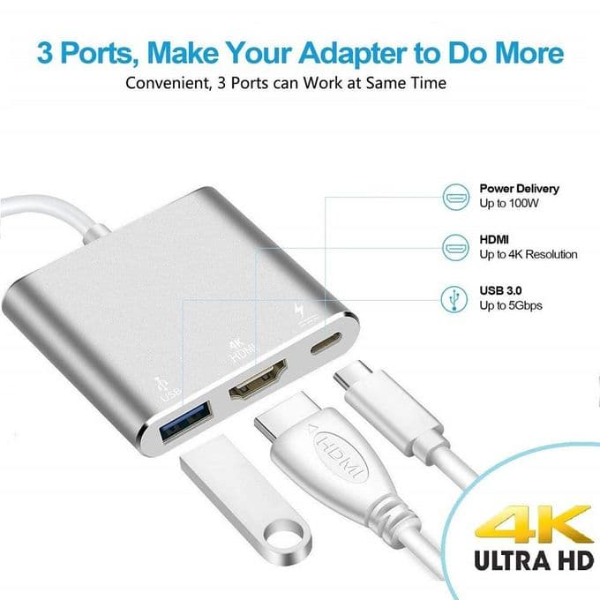 Hub Adaptateur Multiport 3 In 1 - Type-C 3.1 To Hdmi 4K + Usb 3.0 + Type-C(Pd) - Image 2