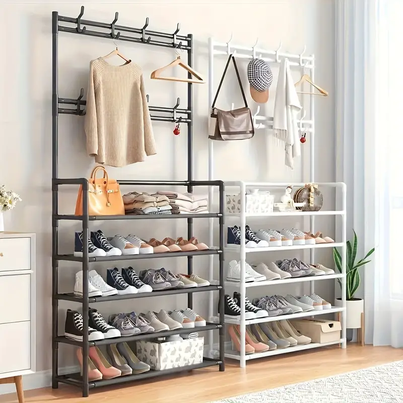Étagère De Chaussures et Porte-manteau 5 Étages en acier avec crochets - Image 1