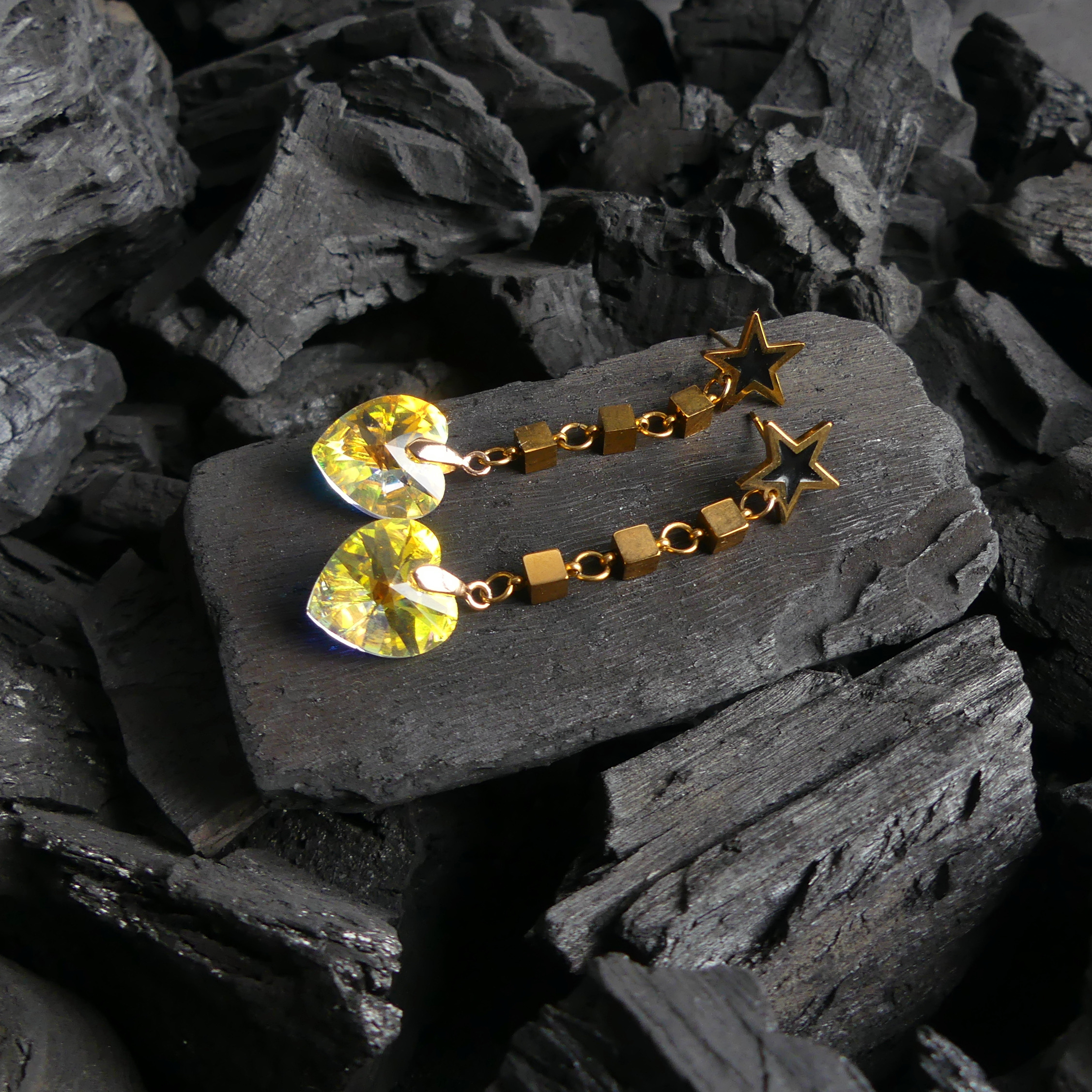 Boucle D'oreille Pendantes Etoile Et Coeur Jaune - Image 5