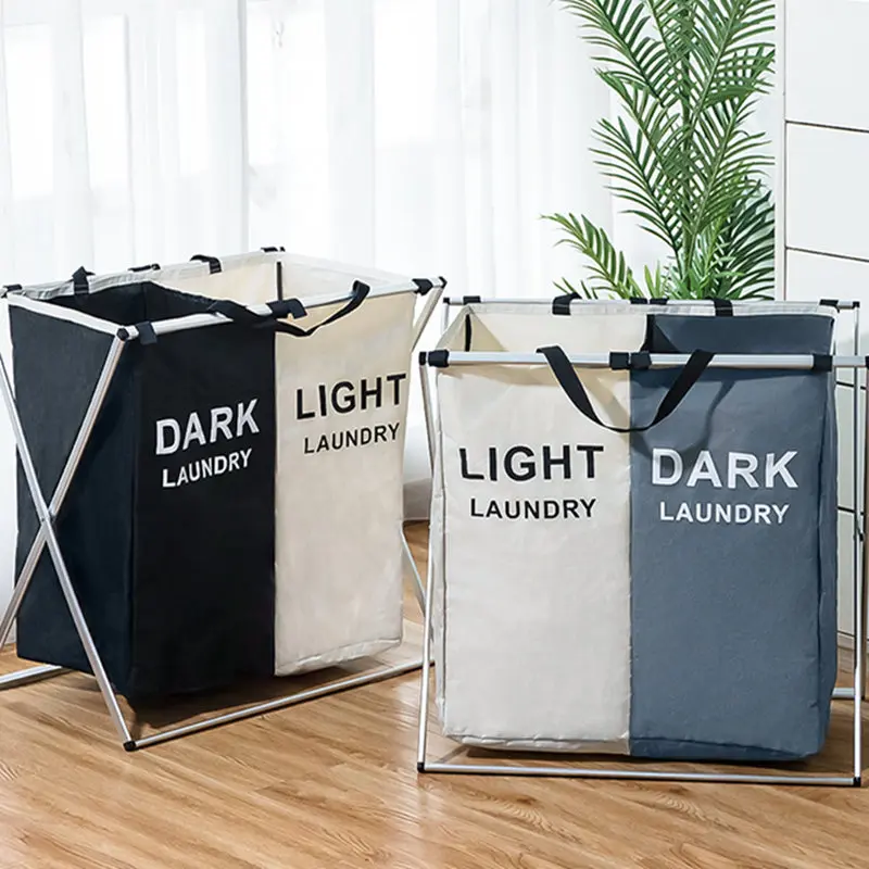 Panier à linge sale pliable avec 2 grilles pour séparer les vêtements - Image 2