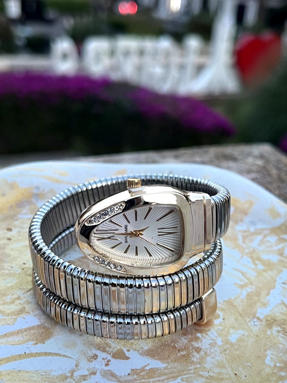 ساعة Bvlgari 🐍 الأصلية مع علبة فاخرة وصاك 🎁 - Image 4