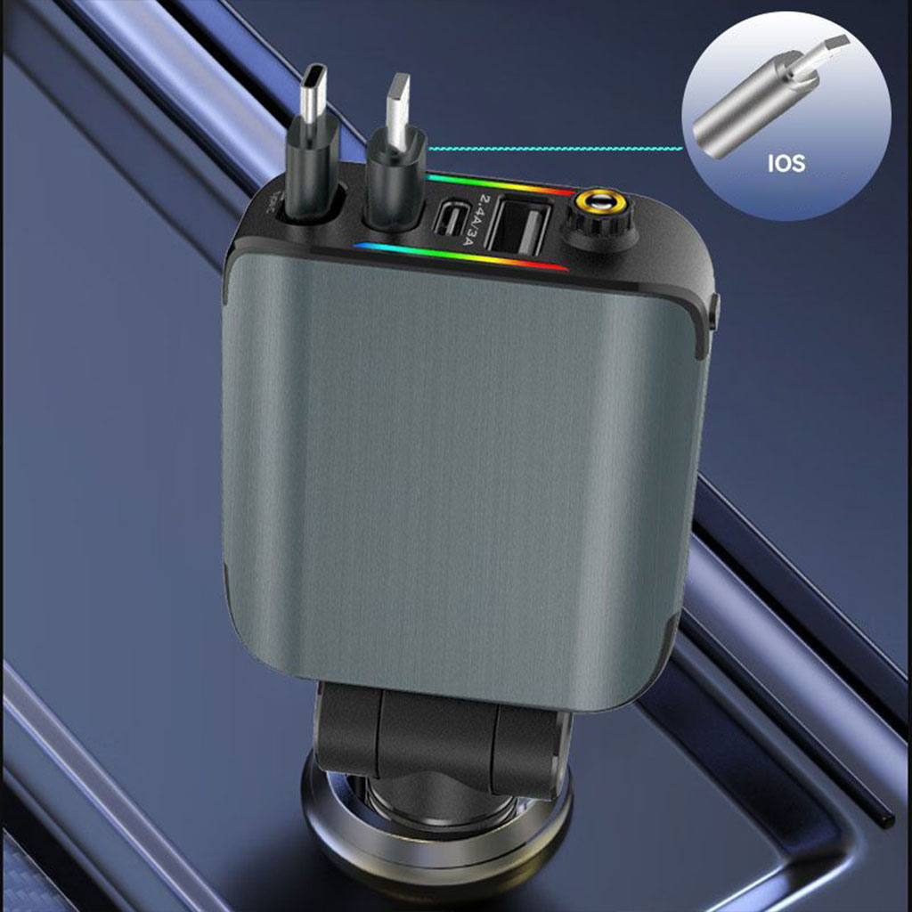 Chargeur Voiture 4en1 Rétractable 120W avec toit Starlight pour téléphones iOS et Android- شاحن سيارة متعدد المنافذ