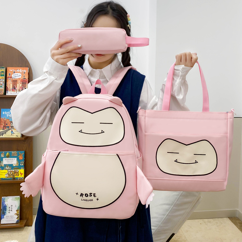 Ensemble de Sacs Snorlax 3Pcs Design Kawaii Noir – حقيبة مدرسية 3 قطع - Image 1