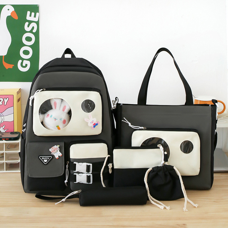 Ensemble de sacs d’école Kawai pour adolescents 5Pcs Guiyu V2 Noir et Gris– محفظة 5 قطع كاواي - Image 2