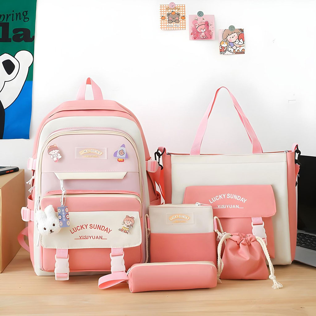 Ensemble de sacs d’école Kawai pour adolescents 5Pcs Xin Pin Shang Rose – محفظة 5 قطع كاواي - Image 2
