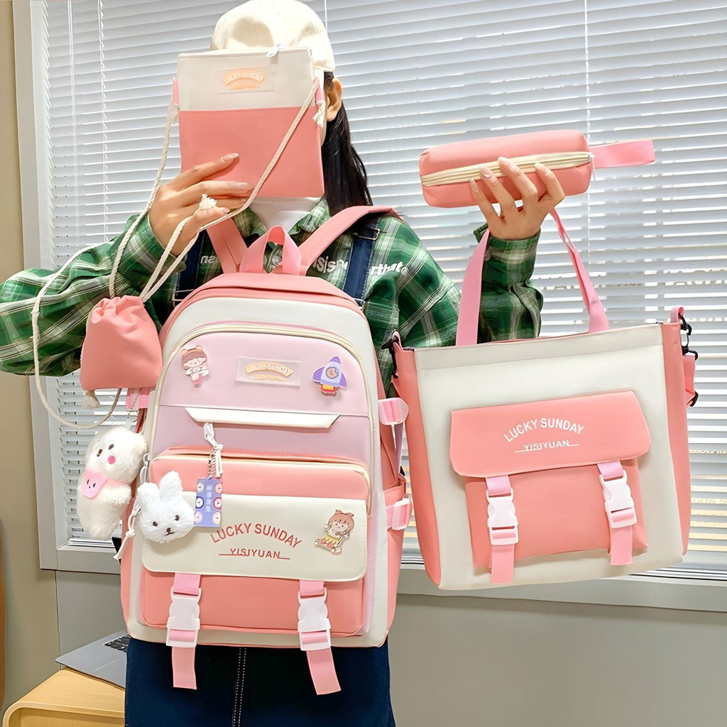 Ensemble de sacs d’école Kawai pour adolescents 5Pcs Xin Pin Shang Rose – محفظة 5 قطع كاواي - Image 4
