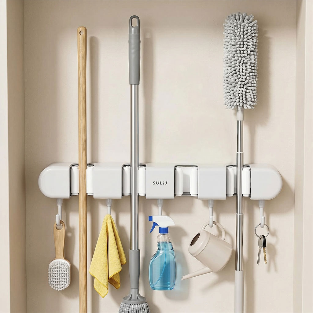 Support mural pour balai avec Crochets pour serpillière - حامل مكنسات التنظيف